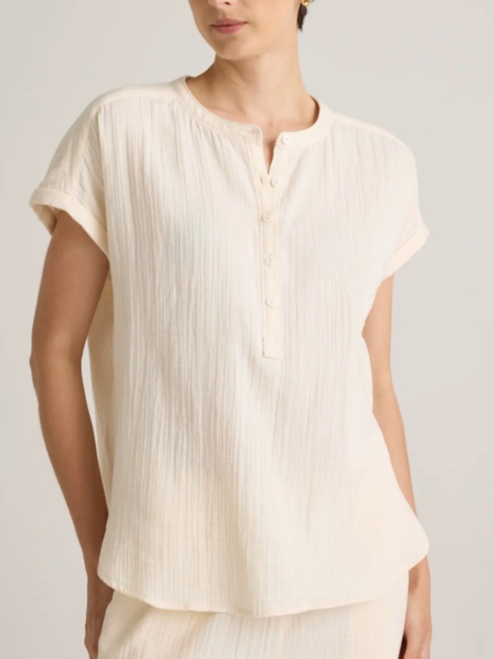 Quince 100% Organic Cotton Gauze Roll Sleeve Cream Shirt Sz XL